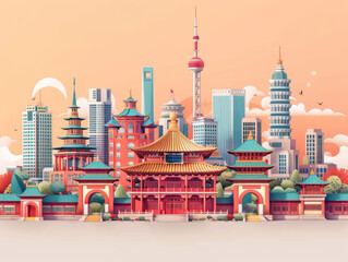 Fusion elements of traditional Chinese architecture and city landmarks