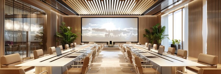 Fototapeta premium This is a modern conference room featuring a stunning city view along with a large screen setup