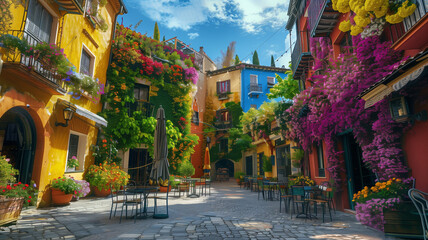 Fototapeta premium A public plaza surrounded by buildings with facades entirely covered in colorful flowering plants