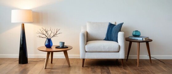 A cozy minimalist living room featuring modern furniture, a comfortable armchair, wooden tables, and elegant decor elements. A perfect blend of style and functionality.