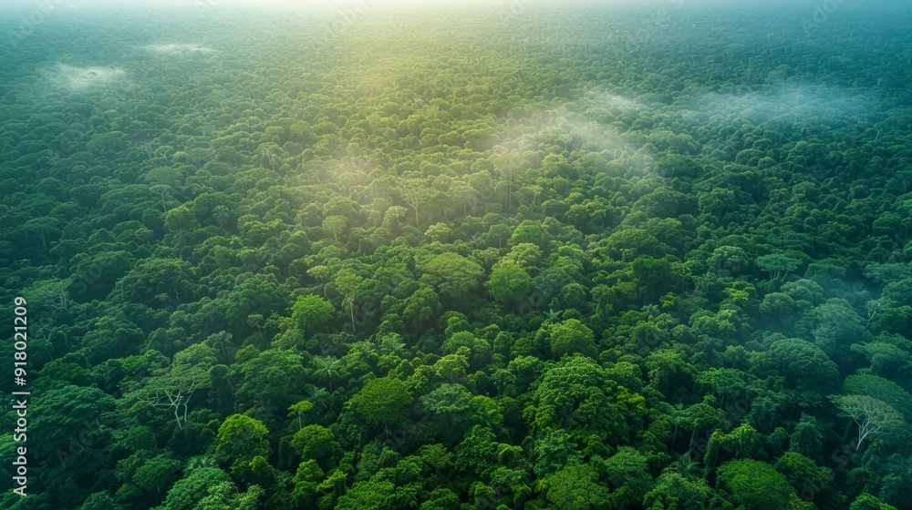 Wall mural lush green rainforest canopy under a soft morning light with distant fog in the atmosphere