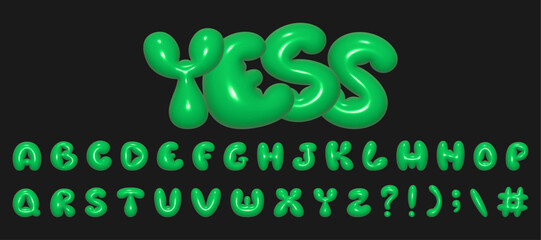 Inflatable 3D alphabet in green color. Vector illustration of English letters in balloon style.