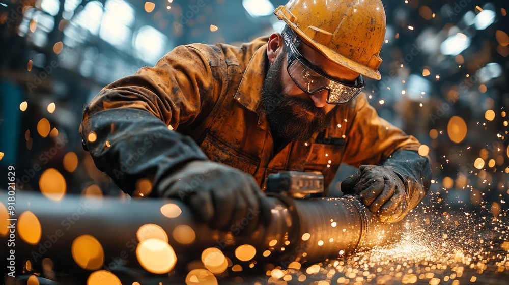 Poster a man in a yellow jacket is working on a pipe with sparks flying