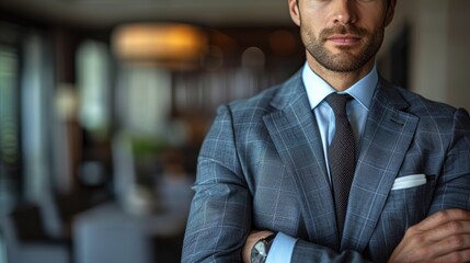 Confident businessman in a tailored suit poses with crossed arms in a modern office during the day