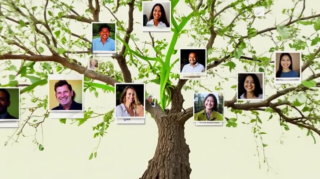 A detailed family tree that displays pictures of various individuals on its branches