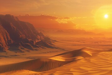 Naklejka premium Sunset Over Sand Dunes And Mountains In A Desert Landscape