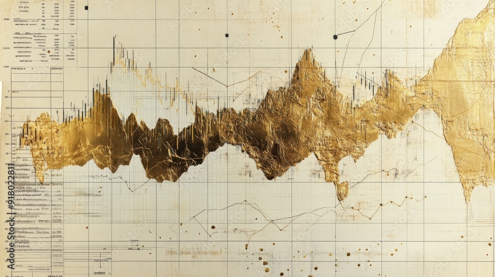 Aufkleber A detailed financial graph showing fluctuations in gold prices over time, with gold-colored line graphs and key data points on a light background.