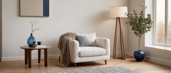 A cozy minimalist living room featuring modern furniture, a comfortable armchair, wooden tables, and elegant decor elements. A perfect blend of style and functionality.