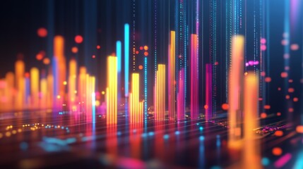 A detailed image of a 3D bar graph with animated bars, capturing the data's fluctuations and trends, with interactive elements and labels for an advanced presentation.