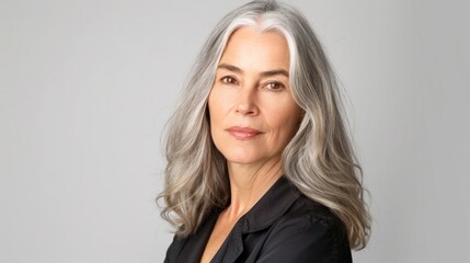 Fototapeta premium Confident beautiful mature business woman standing isolated on white background. Older senior businesswoman, 35s grey haired lady professional looking at camera, close up face headshot portrait.