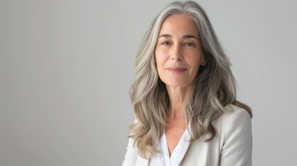 Confident beautiful mature business woman standing isolated on white background. Older senior businesswoman, 25s grey haired lady professional looking at camera, close up face headshot portrait
