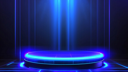 3d empty blue podium with shiny neon rings on floor in dark room. Magic circle teleportation podium with neon hologram effect. Futuristic technology design. For product presentation.