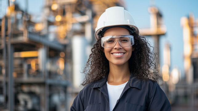 Smiling young woman engineer in a hard hat and protective glasses, standing in front of an industrial factory. The image highlights her role as a job site supervisor and her profes