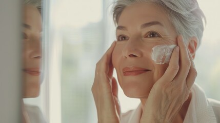 Happy 18s middle aged woman model touching face skin looking in mirror reflection. Smiling mature old lady pampering, healthy moisturized skin care, aging beauty, skincare treatment cosmetics concept