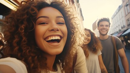 Multiracial group of friends smiling and laughing together on a sunny day. Perfect for showcasing friendship, diversity, and joy in a vibrant outdoor setting. Captures the essence of togetherness