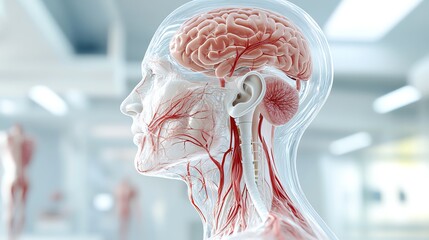 Detailed anatomical illustration of a human head, showcasing brain and vascular structure in a medical environment.