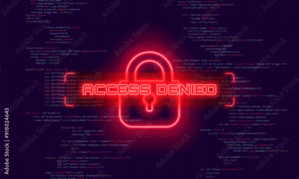 Poster access denied. hacked system or cyber attack. warning on the screen. vector illustration.