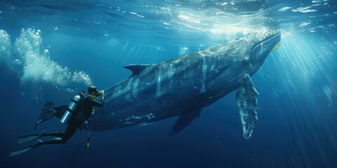 Fototapeta premium Diver Encountering a Humpback Whale