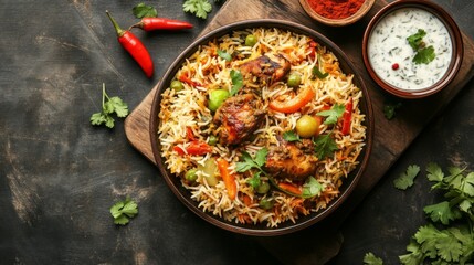 A detailed overhead view of a bowl of biryani with fragrant rice, mixed vegetables, and pieces of chicken or lamb, garnished with fresh herbs and served with raita.