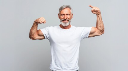 Happy fit sporty older man coach, middle aged sportsman athlete personal trainer wearing white t-shirt showing muscles pointing at biceps stands isolated on gray 
