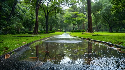Serene Rainy Day at a Lush Green Park with Puddles and Reflective Surfaces