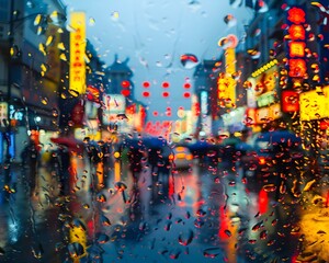 Vibrant Rainy Night Market Street with Blurred Lights and Shops