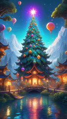 illustration with Christmas tree adorned with decorations in an imaginary landscape with Christmas atmosphere