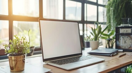 Fototapeta premium Laptop pc mock up template design on office workplace desk, white mockup empty blank computer screen on office work table business web technology at modern workspace, closeup.