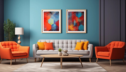 Modern Living Room Interior Design with Teal Walls Grey Sofa Orange Armchairs and Abstract Artwork
