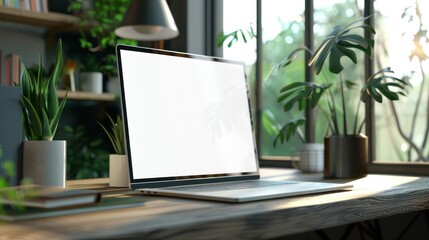 Laptop pc mock up template design on office workplace desk, white mockup empty blank computer screen on office work table business web technology at modern workspace, closeup. 