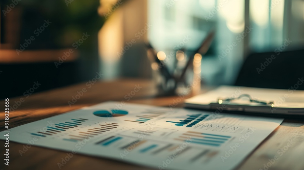 Poster a detailed shot of a financial report with charts and graphs, showing key banking data and financial