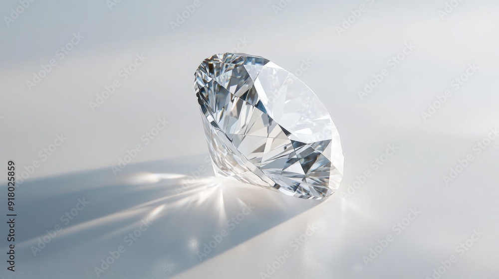 Poster a detailed shot of a large solitaire diamond, with its facets catching the light, placed on a plain 