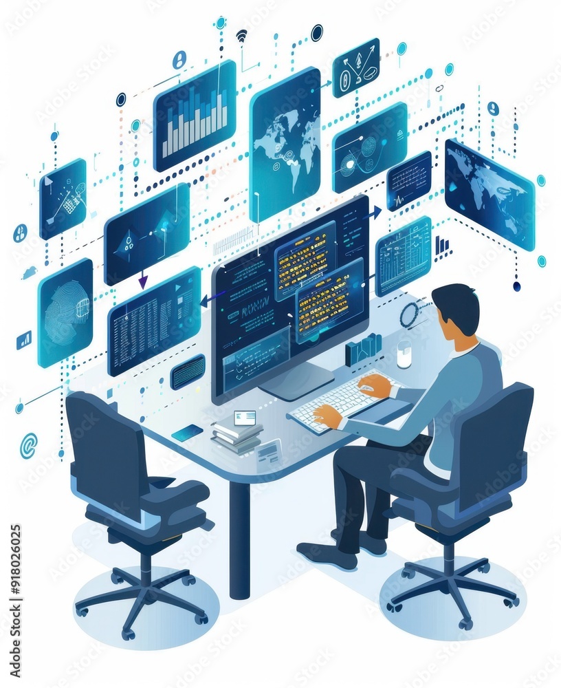 Poster man working on a computer with multiple digital screens