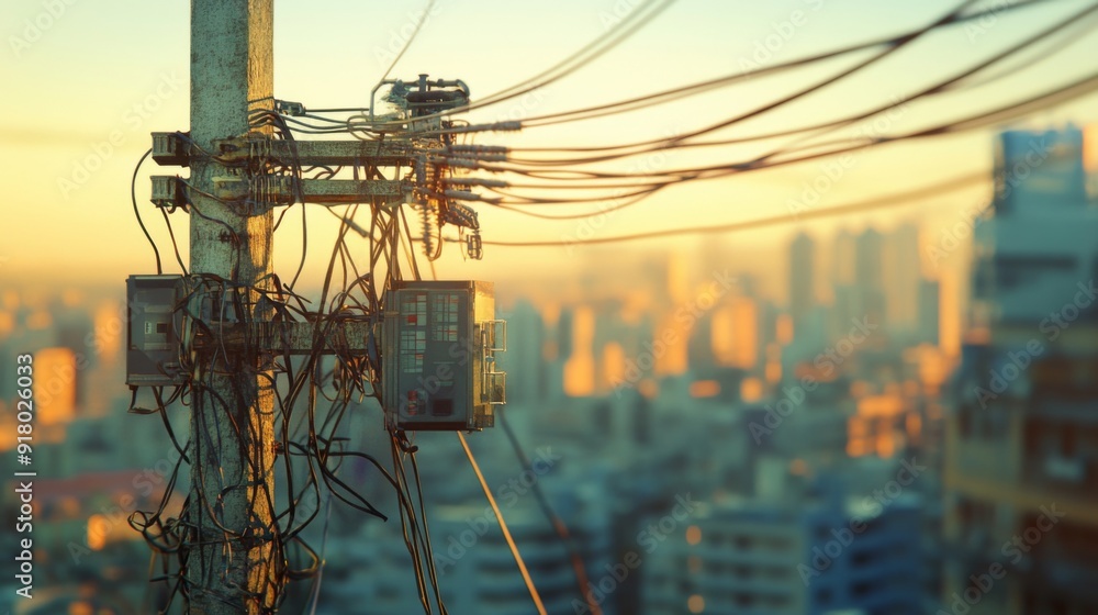 Poster a detailed shot of a high-voltage electricity pole and its complex network of wires and transformers
