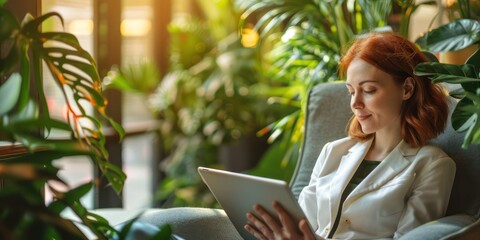 Busy elegant young professional business woman executive with red hair holding digital tablet working sitting in comfortable chair in sunny office with green plants. Candid authentic phot, copy space 