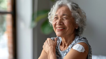 Smiling healthy mature older senior happy woman showing bandage on arm after getting vaccination. Vaccine and old elder people inoculation, elderly immunity for covid prevention concept. Portrait