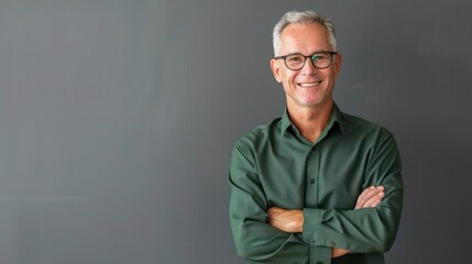 Smiling stylish middle aged business man, happy older mature businessman professional executive wearing green shirt looking at camera standing i