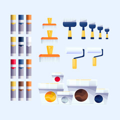 Hardware shop interior design display elements. Stand with paints, paint brushes, rollers, sprays, boxes or buckets vector illustration. Tools and materials assortment for renovation.