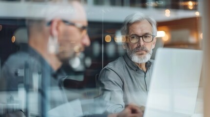 Two busy middle aged professional business leaders talking working together on computer in office. Executive bank manager consulting client using laptop at meeting. Candid photo, view through glass. 