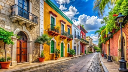 Vibrant colonial architecture lines the cobblestone streets of Santo Domingo's historic center, showcasing the Dominican Republic's rich cultural heritage and Caribbean charm.