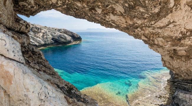 Amazing rocky formations and gorgeous sea waters of the south coastline in Othonoi island, Greece