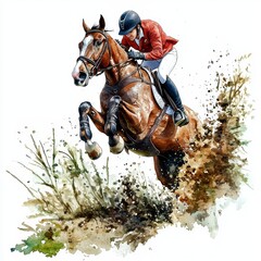 Equestrian Steeplechase Watercolor Illustration, Horse Racing Art for Sports and Equestrian Enthusiasts Generative AI