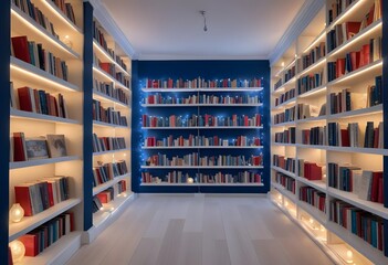 A large, well-lit library or bookstore interior with rows of wooden bookshelves lining the walls and a hardwood floor. The shelves are filled with a variety of books, creating a warm and inviting atmo