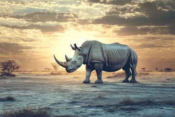 Fototapeta premium Vanishing Giants: Rhinos on the Brink of Extinction Amidst a Desolate Landscape, a Stark Reminder of the Climate Crisis and Habitat Destruction.
