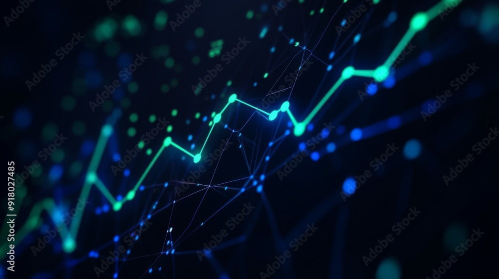 Poster a digital financial graph showing upward trends in blue and green lines on a dark background, with d