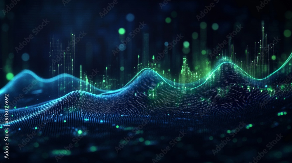 Poster a digital financial graph showing upward trends in blue and green lines on a dark background, with d