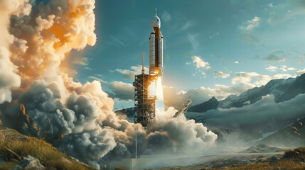 Rocket launch with smoke and clouds