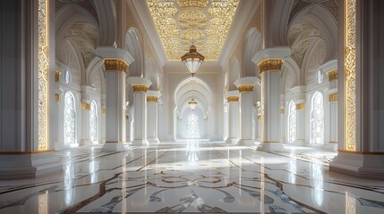 Fototapeta premium A luxurious white and gold classical Mosque interior with ornate decorations.