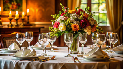 Fototapeta premium Elegant dinner setting with crisp white tablecloth, fine china, crystal glasses, and a centerpiece of fresh flowers against a warm, intimate background.
