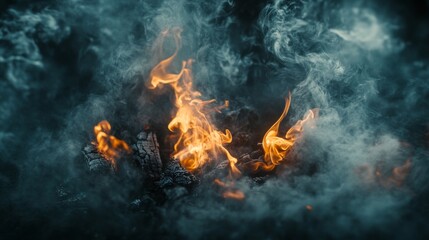 A dramatic close-up of swirling smoke and flickering flames rising from a campfire, with the contrast between the dark background and bright fire creating an intense scene.